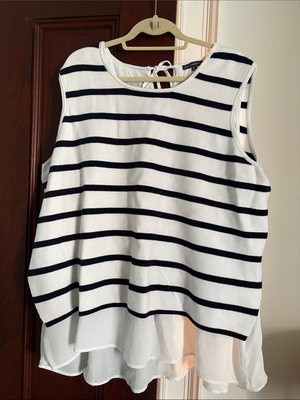 Adrianna Papell White Tank with Navy Stripes and Chiffon Hem